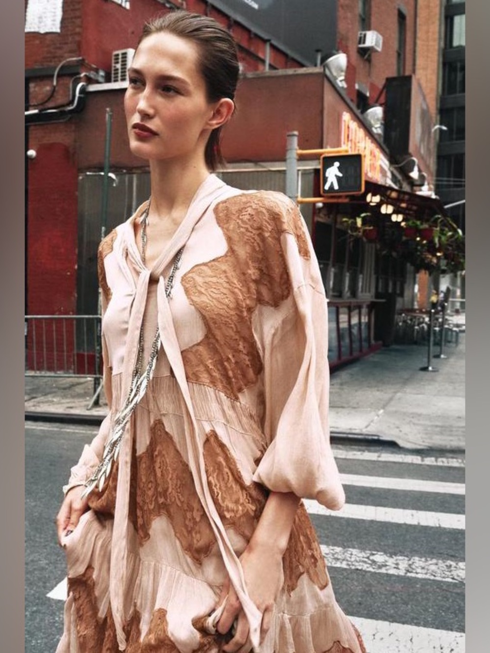 Zara Maxi Lace Dress Crinkle Long Rouched Sleeves High Tie Bow Collar V-Neck Med